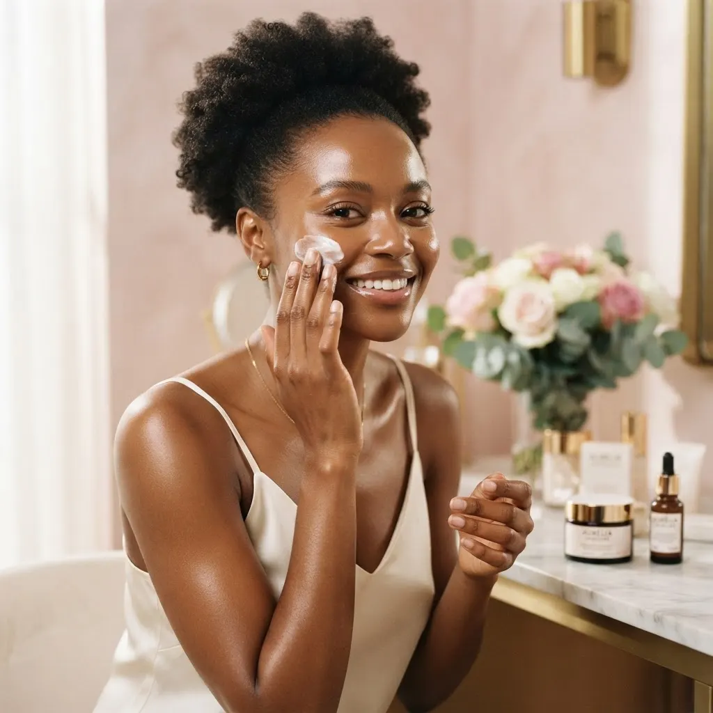 Femme à la peau éclatante utilisant les soins Fleur de peau